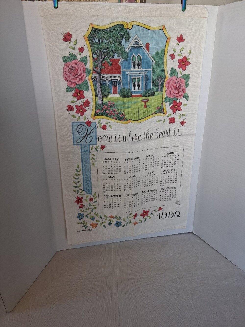 Vintage Linen Tea Towel Calendar 1992 Victorian Mansion Home Heart Roses Floral